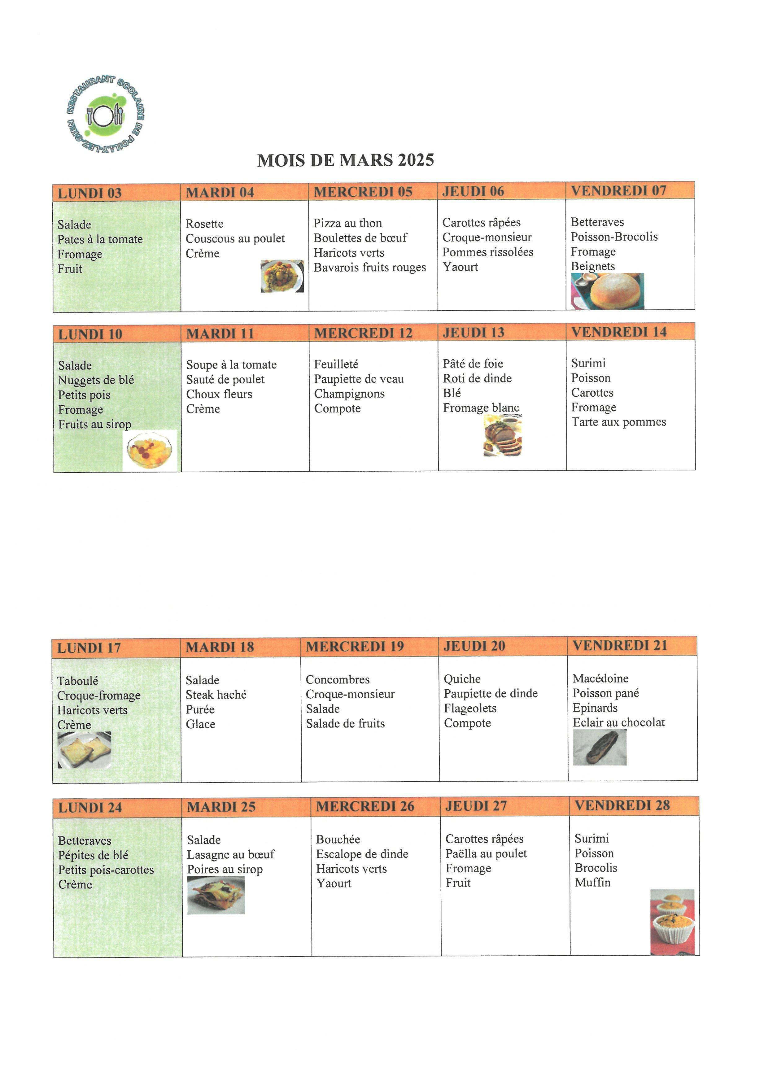 Menu Mars 2025